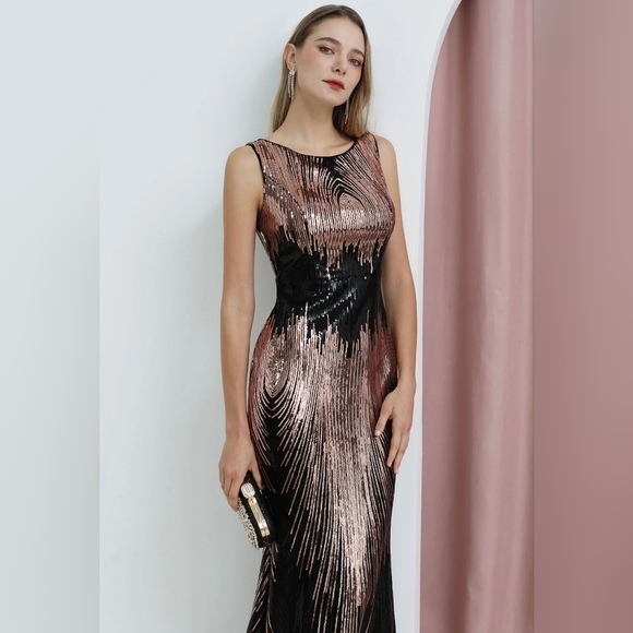 XUCTHHC Sleeveless Black and Rose Gold Sequin Bodycon Gown - Picture 3 of 13